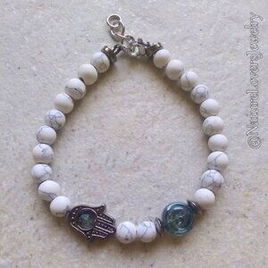Hamsa Hand ~ Blessing Bracelet! Blue Crystal + Rose Beads & Howlite + Gunmetal